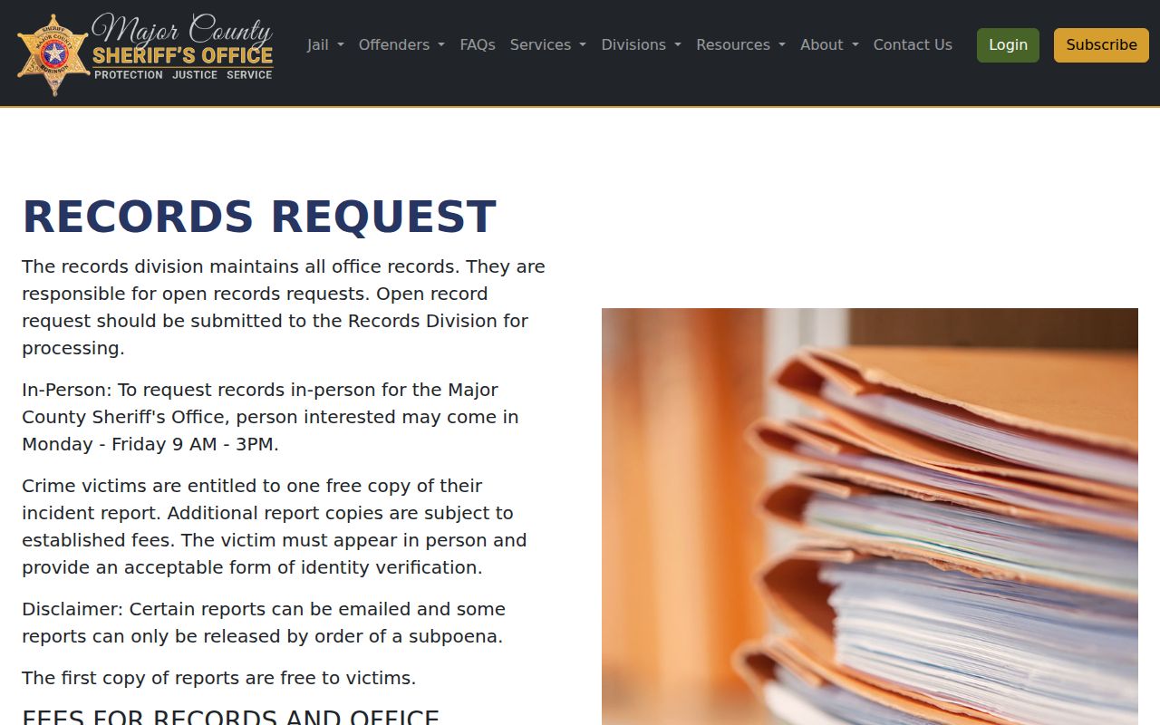 Major County 24-hour release records request page