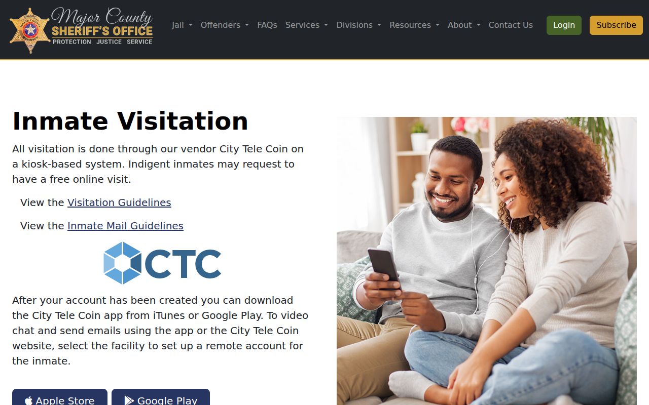 Major County Jail visitation service information near release records