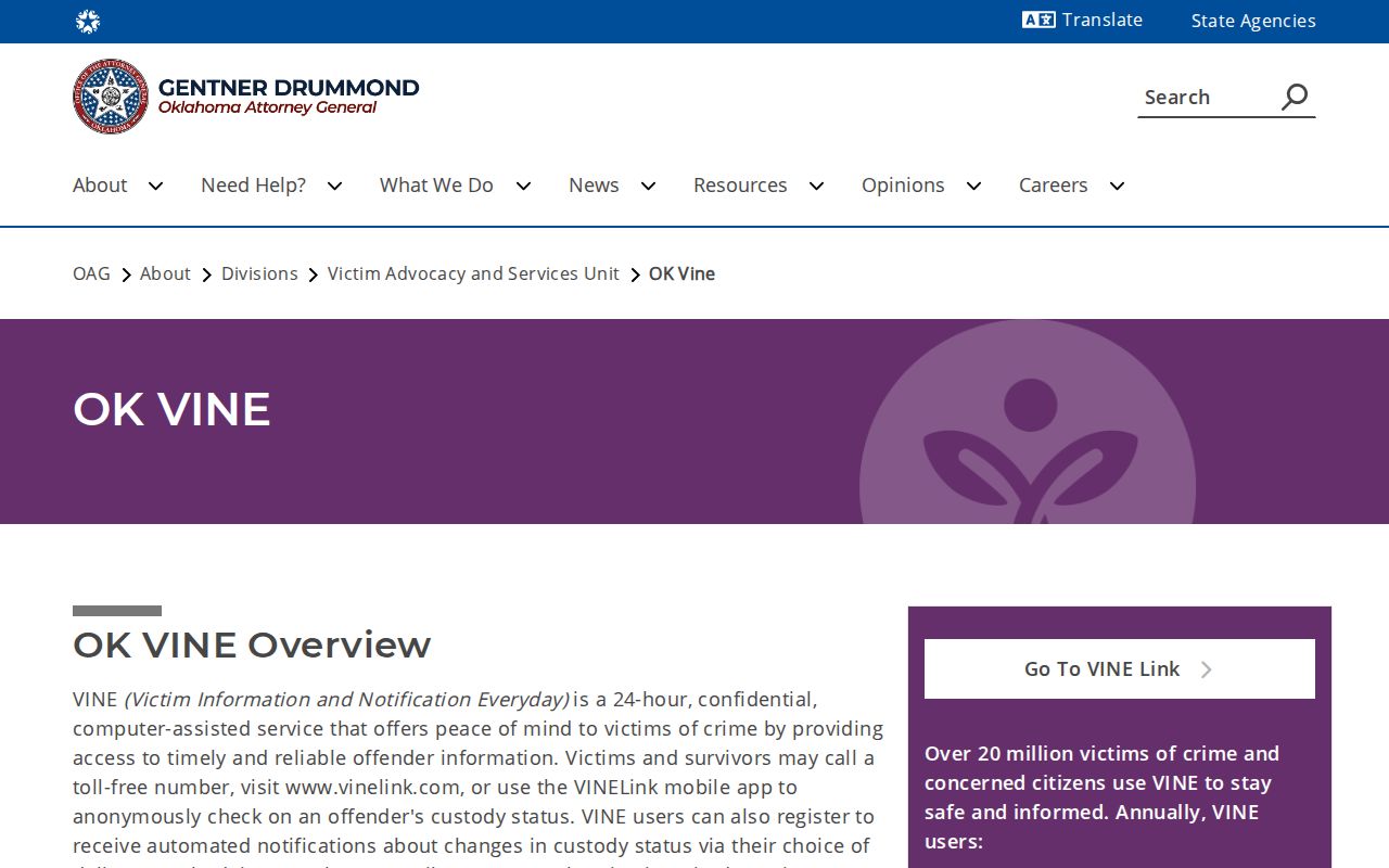 Oklahoma VINE registration guidance for a Major County VINELink inmate check